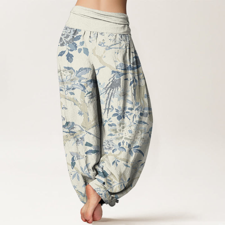Pantaloni harem elastici in vita da donna con motivo Buddha Stones Birds Rami Flowers - image 2