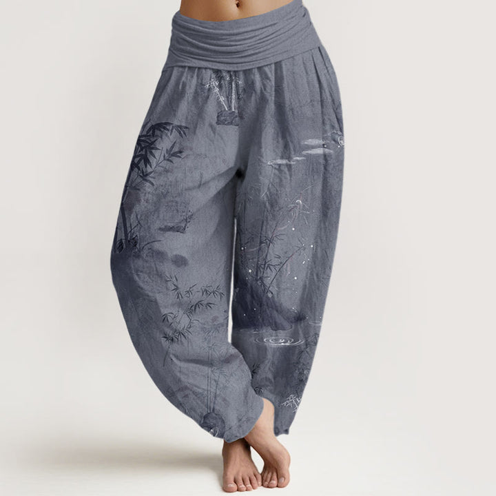 Pantaloni harem elastici in vita da donna, con pittura a inchiostro, in bambù e pietre Buddha Stones - Grigio ardesia - US22, UK/AU26, EU54 (6XL) - image 1
