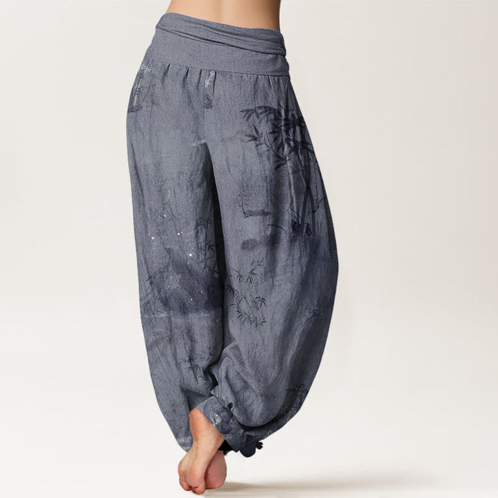 Pantaloni harem elastici in vita da donna, con pittura a inchiostro, in bambù e pietre Buddha Stones - image 3