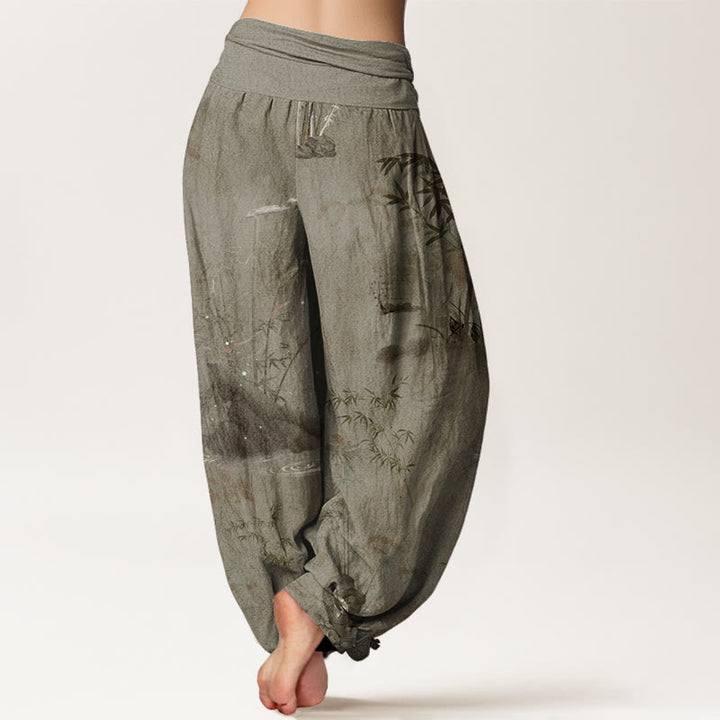 Pantaloni harem da donna con elastico in vita, in cotone, casual, in bambù, con pittura a inchiostro e pietre Buddha Stones - image 6