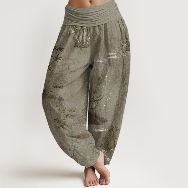 Pantaloni harem elastici in vita da donna, con pittura a inchiostro, in bambù e pietre Buddha Stones - Abbronzatura - US22, UK/AU26, EU54 (6XL) - image 4