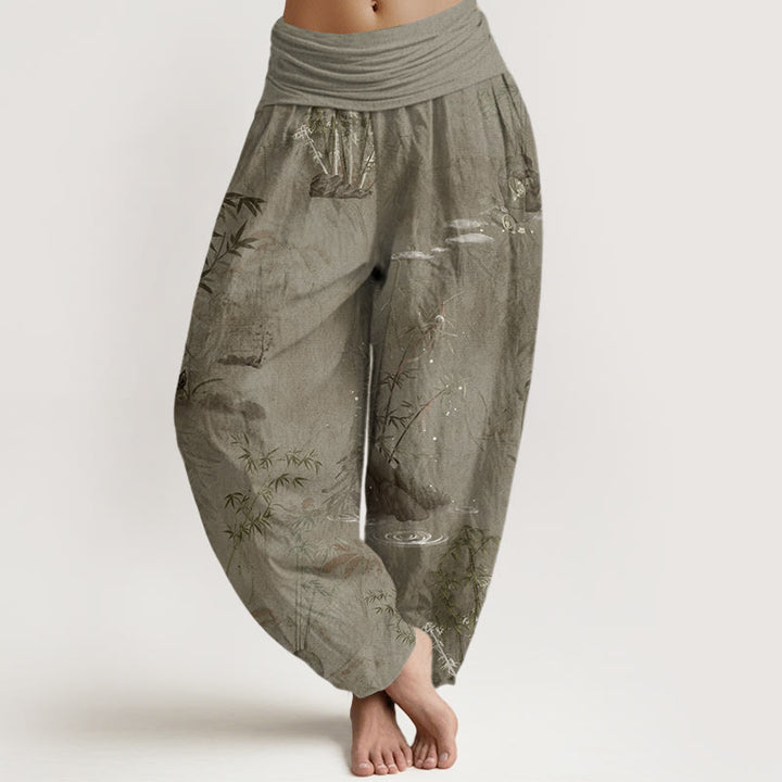 Pantaloni harem elastici in vita da donna, con pittura a inchiostro, in bambù e pietre Buddha Stones - Abbronzatura - US22, UK/AU26, EU54 (6XL) - image 4