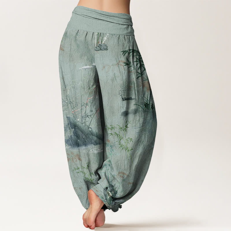 Pantaloni harem elastici in vita da donna, con pittura a inchiostro, in bambù e pietre Buddha Stones - image 10