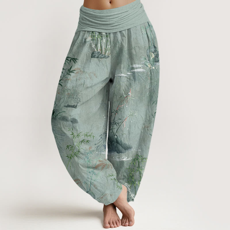 Pantaloni harem elastici in vita da donna, con pittura a inchiostro, in bambù e pietre Buddha Stones - DarkSeaGreen - US22, UK/AU26, EU54 (6XL) - image 8