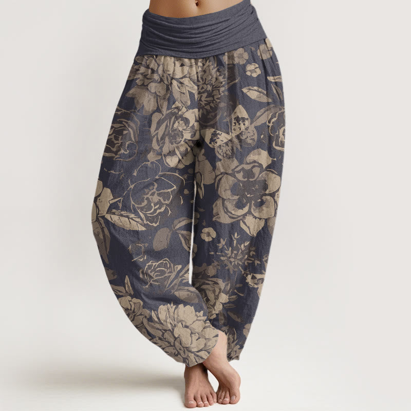 Pantaloni harem elastici in vita da donna Buddha Stones, fiori di peonia casual e foglie - Grigio scuro - US22, UK/AU26, EU54 (6XL) - image 1