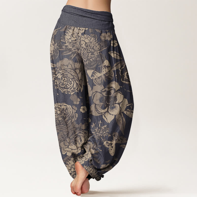 Pantaloni harem elastici in vita da donna Buddha Stones, fiori di peonia casual e foglie - image 3