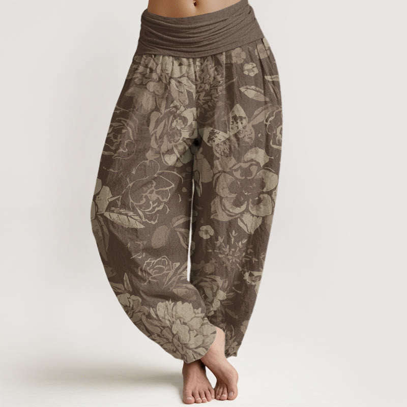 Pantaloni harem elastici in vita da donna Buddha Stones, fiori di peonia casual e foglie - Abbronzatura - US22, UK/AU26, EU54 (6XL) - image 5