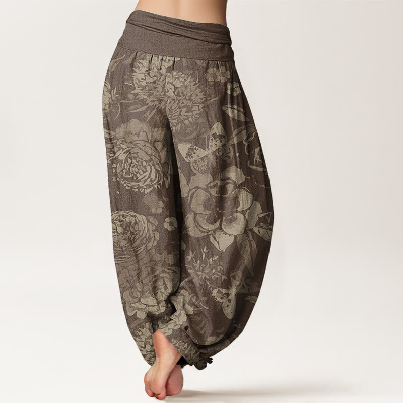Pantaloni harem elastici in vita da donna Buddha Stones, fiori di peonia casual e foglie - image 7