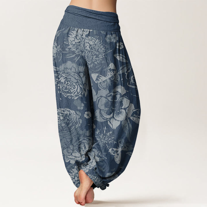 Pantaloni harem elastici in vita da donna Buddha Stones, fiori di peonia casual e foglie - image 10