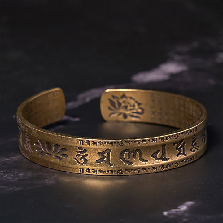Buddha Stones Sei parole vere 'om Mani Padme Hum' Sutra del cuore Loto Rame Ottone Pace Braccialetto Braccialetto