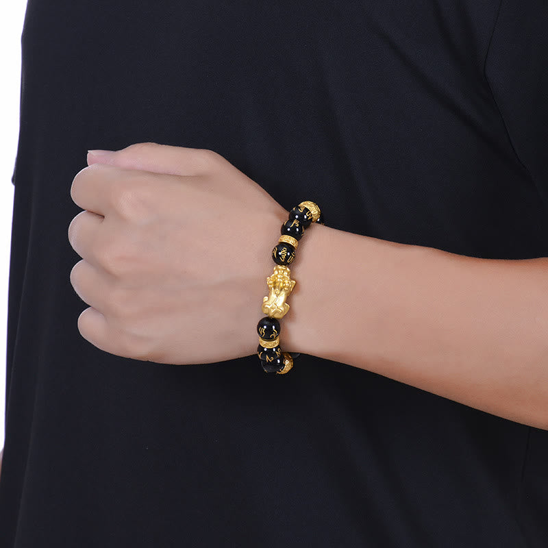 Braccialetto Buddha Stones Ossidiana nera Lega di onice nero PiXiu Om Mani Padme Hum Strength