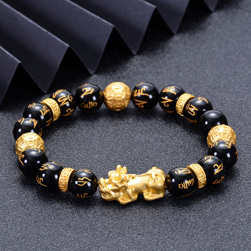 Braccialetto Buddha Stones Ossidiana nera Lega di onice nero PiXiu Om Mani Padme Hum Strength