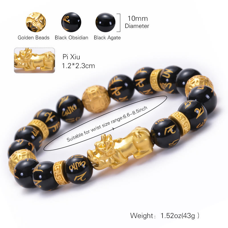 Braccialetto Buddha Stones Ossidiana nera Lega di onice nero PiXiu Om Mani Padme Hum Strength