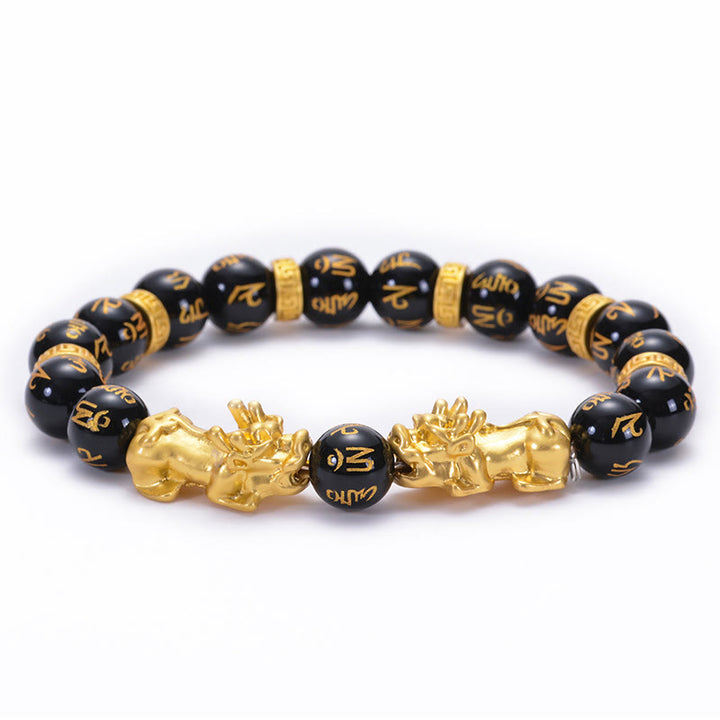 Buddha Stones Ossidiana nera Onice nero Lega dorata Due PiXiu Om Mani Padme Hum Braccialetto di forza