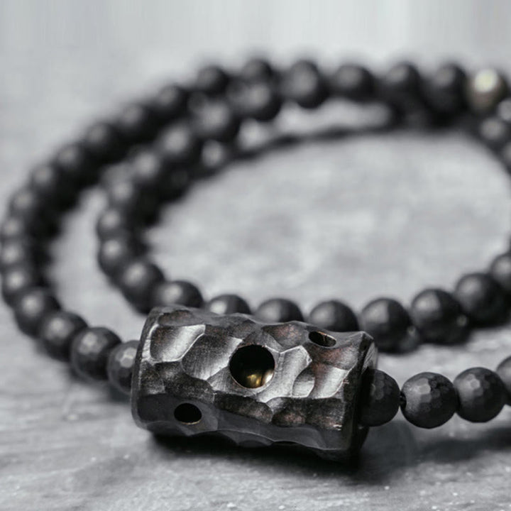 Braccialetto di protezione a doppio giro in onice nero ebano con superficie tagliata smerigliata Buddha Stones