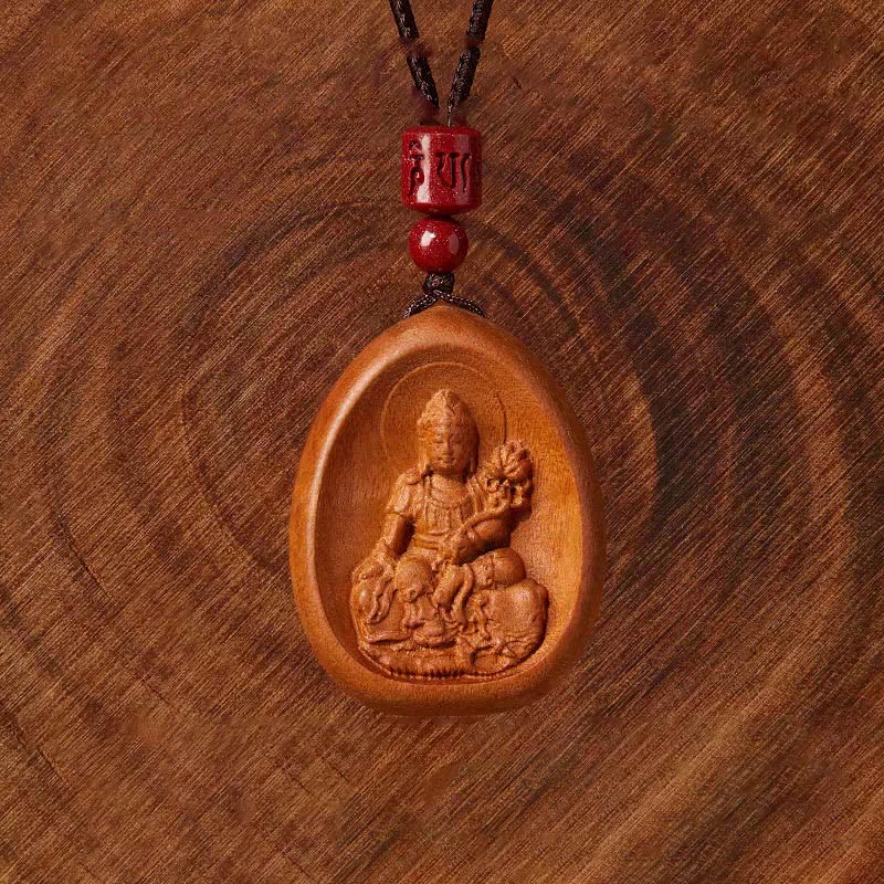 Buddha Stones Legno di pesca Cinabro Om Mani Padme Hum Zodiaco cinese Collana con corda nera Pendenti - image 3