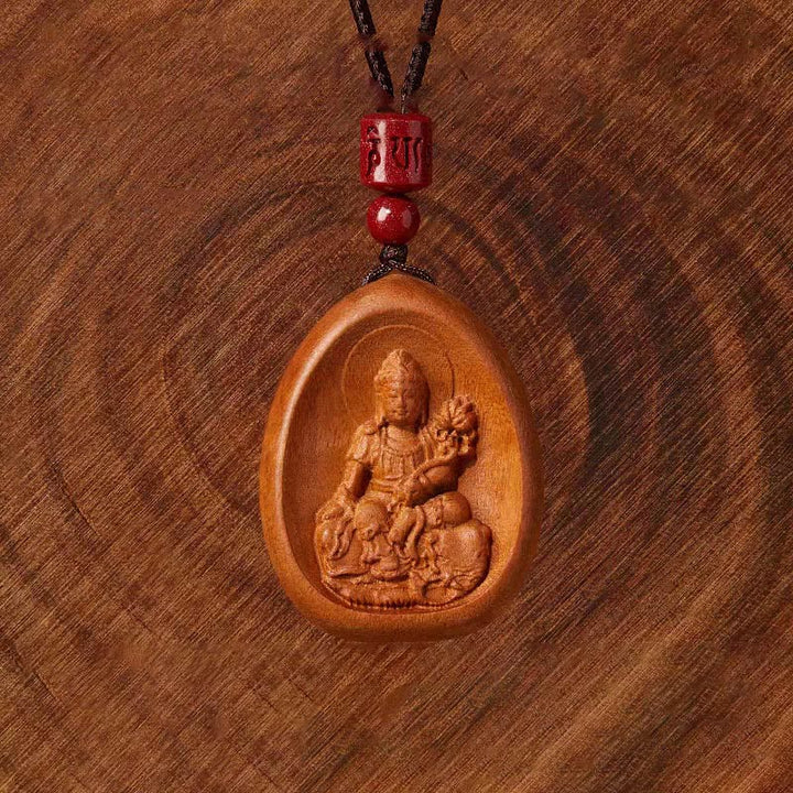 Buddha Stones Legno di pesca Cinabro Om Mani Padme Hum Zodiaco cinese Collana con corda nera Pendenti - image 3