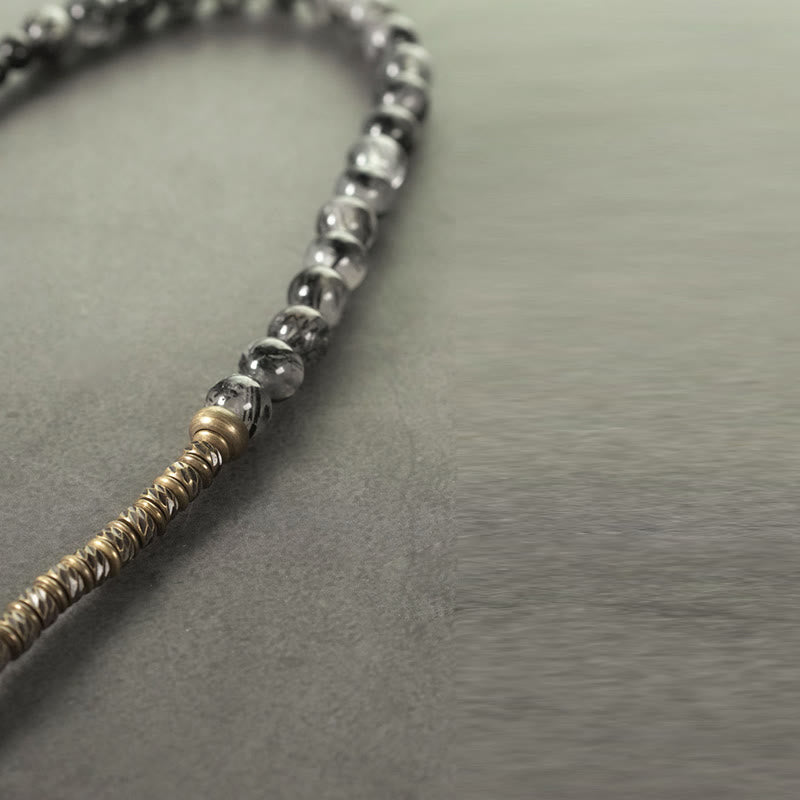 Braccialetto di protezione a doppio giro in ottone e rame Buddha Stones, ossidiana, quarzo rutilato nero e oro lucido