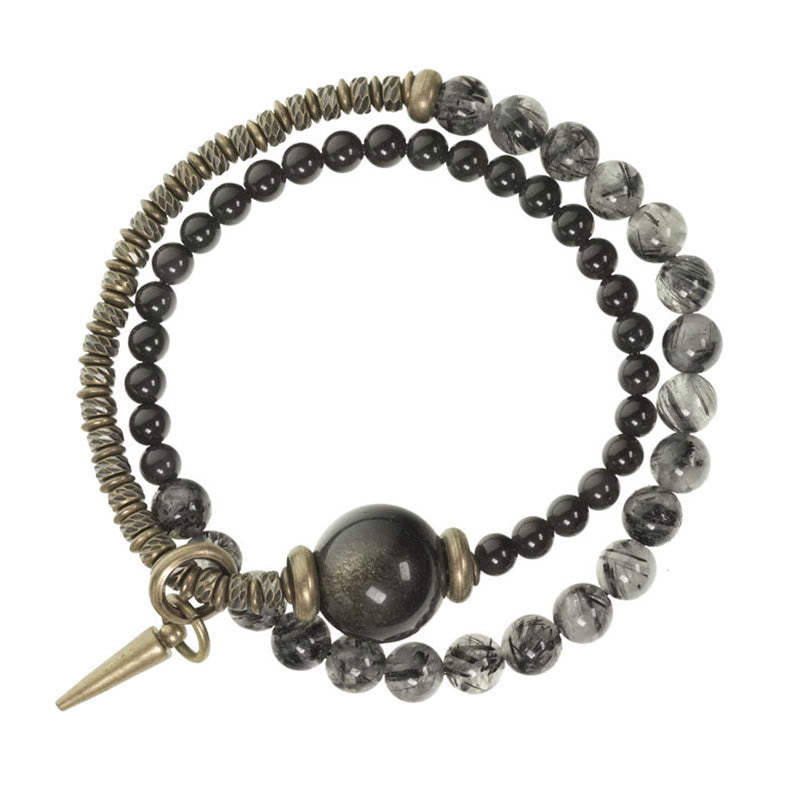 Braccialetto di protezione a doppio giro in ottone e rame Buddha Stones, ossidiana, quarzo rutilato nero e oro lucido