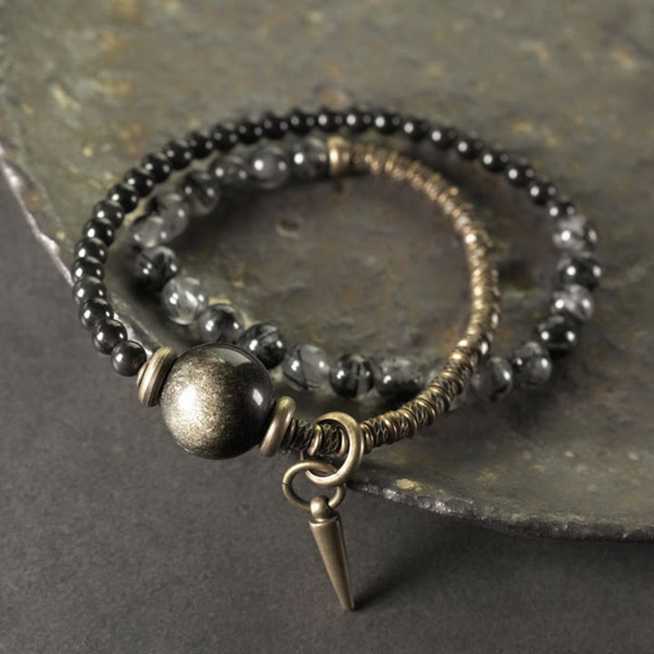 Braccialetto di protezione a doppio giro in ottone e rame Buddha Stones, ossidiana, quarzo rutilato nero e oro lucido