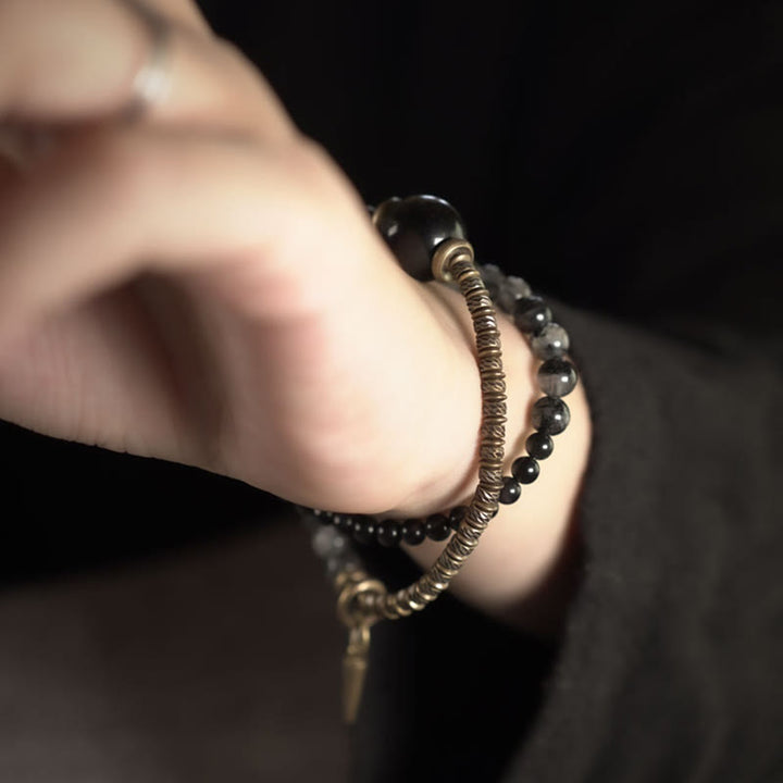 Braccialetto di protezione a doppio giro in ottone e rame Buddha Stones, ossidiana, quarzo rutilato nero e oro lucido