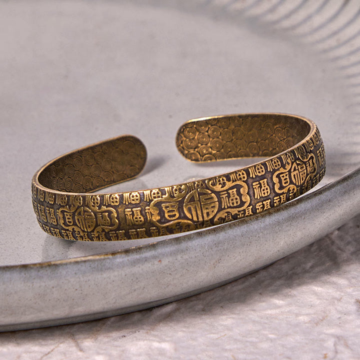 Buddha Stones Cento Benedizioni Fu Carattere Rame Ottone Braccialetto Fortuna Braccialetto