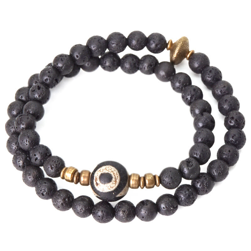 Buddha Stones Vintage Lava Rock Perline Dzi a tre occhi Perline in ottone e rame Braccialetto curativo a doppio giro