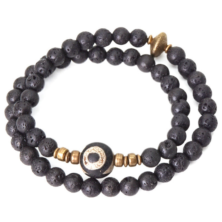 Buddha Stones Vintage Lava Rock Perline Dzi a tre occhi Perline in ottone e rame Braccialetto curativo a doppio giro