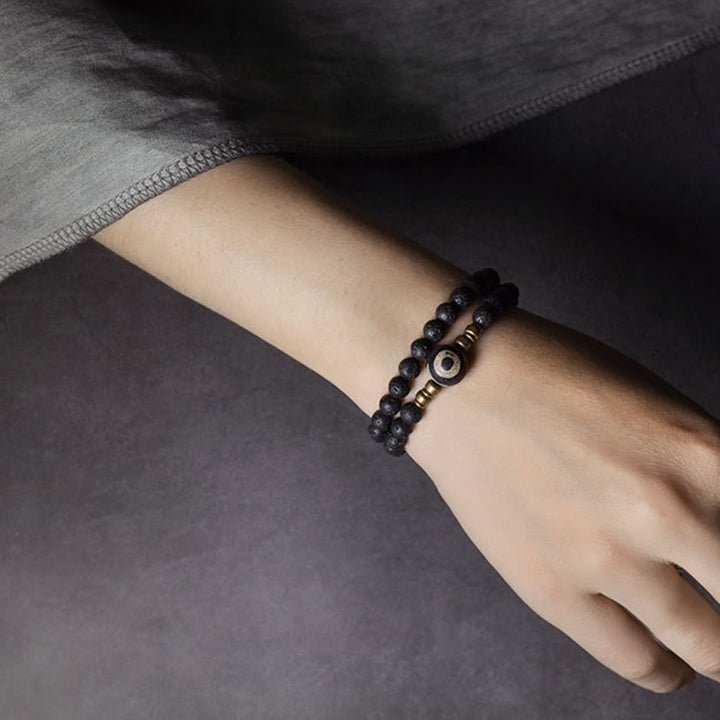 Buddha Stones Vintage Lava Rock Perline Dzi a tre occhi Perline in ottone e rame Braccialetto curativo a doppio giro