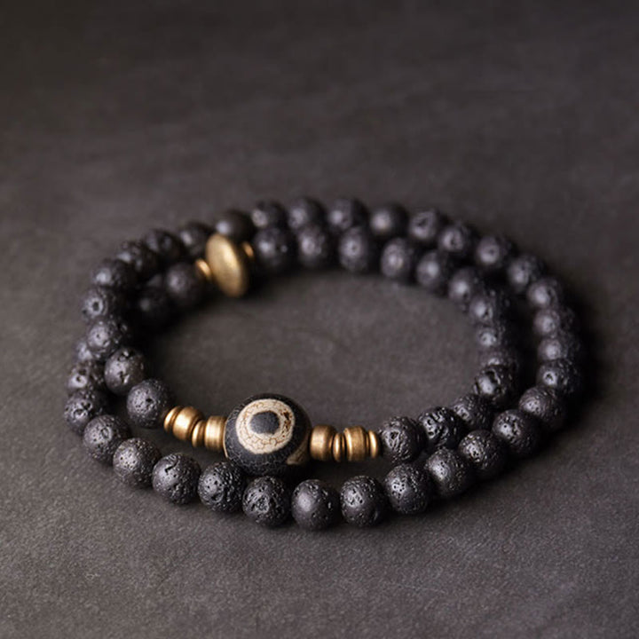 Buddha Stones Vintage Lava Rock Perline Dzi a tre occhi Perline in ottone e rame Braccialetto curativo a doppio giro