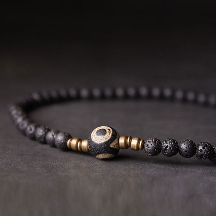 Buddha Stones Vintage Lava Rock Perline Dzi a tre occhi Perline in ottone e rame Braccialetto curativo a doppio giro