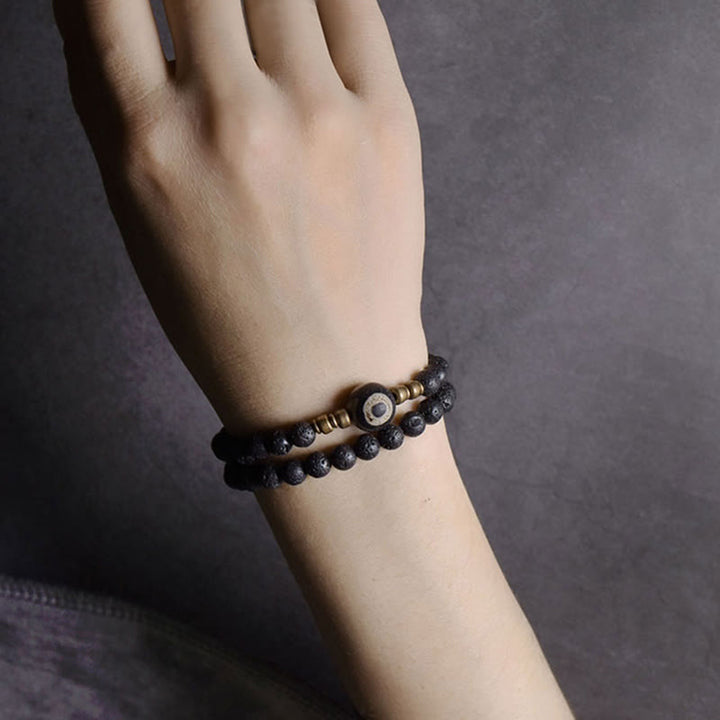 Buddha Stones Vintage Lava Rock Perline Dzi a tre occhi Perline in ottone e rame Braccialetto curativo a doppio giro