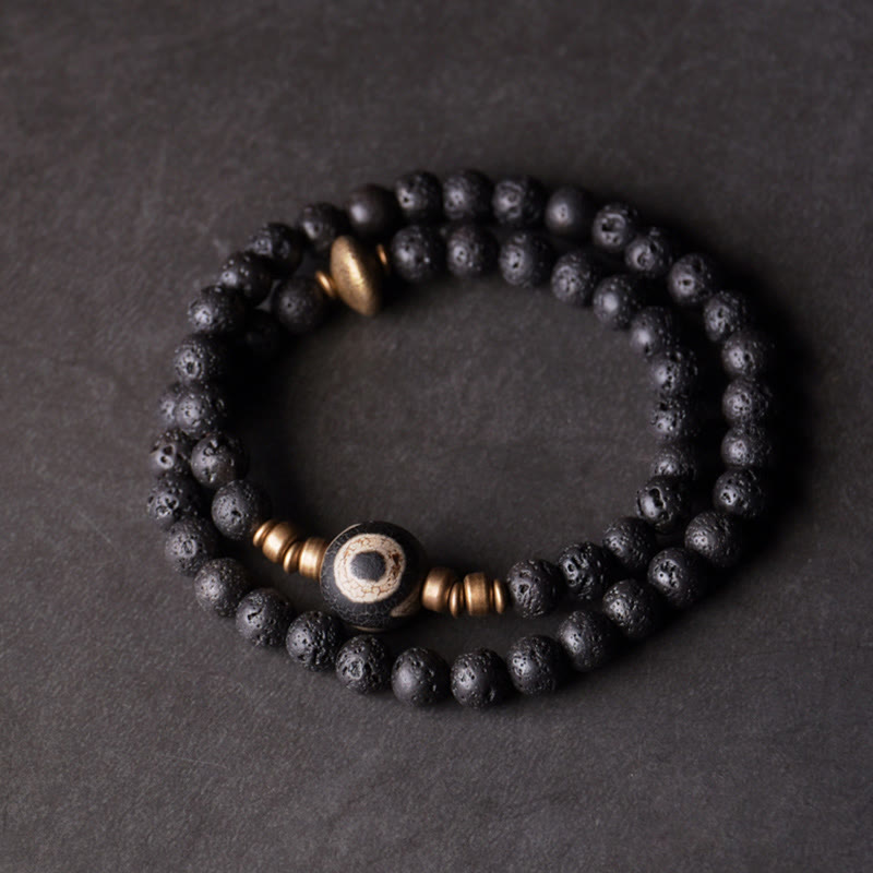 Buddha Stones Vintage Lava Rock Perline Dzi a tre occhi Perline in ottone e rame Braccialetto curativo a doppio giro