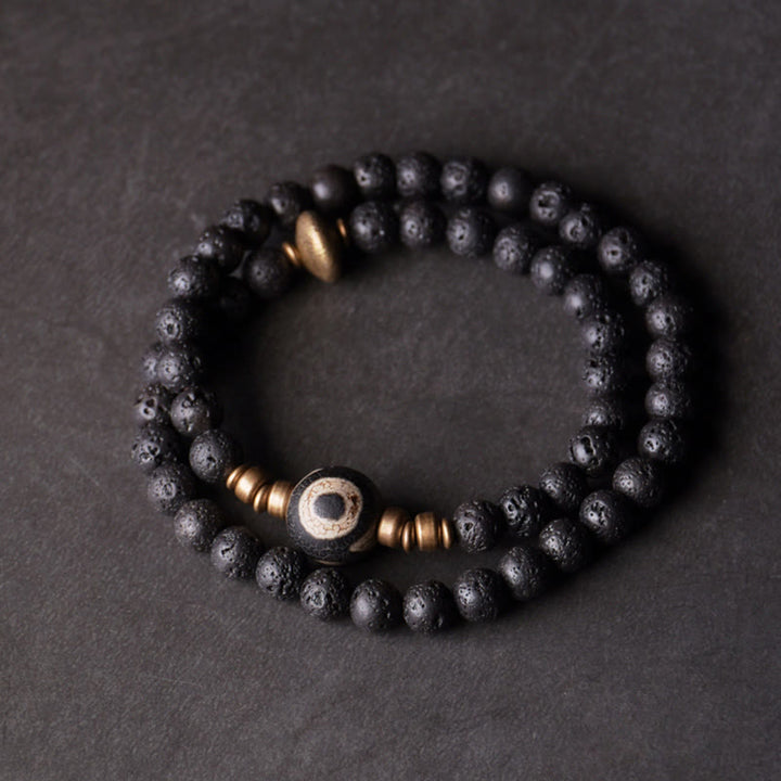 Buddha Stones Vintage Lava Rock Perline Dzi a tre occhi Perline in ottone e rame Braccialetto curativo a doppio giro