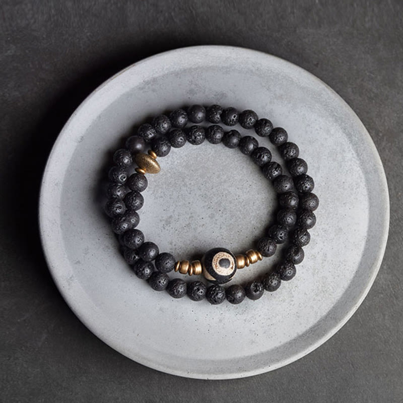 Buddha Stones Vintage Lava Rock Perline Dzi a tre occhi Perline in ottone e rame Braccialetto curativo a doppio giro