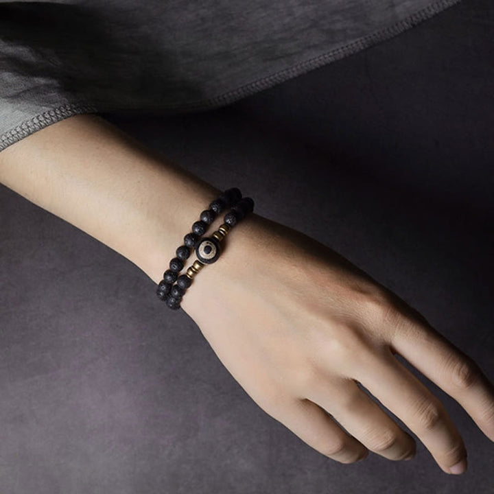 Buddha Stones Vintage Lava Rock Perline Dzi a tre occhi Perline in ottone e rame Braccialetto curativo a doppio giro