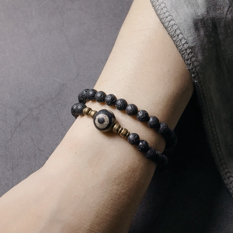 Buddha Stones Vintage Lava Rock Perline Dzi a tre occhi Perline in ottone e rame Braccialetto curativo a doppio giro