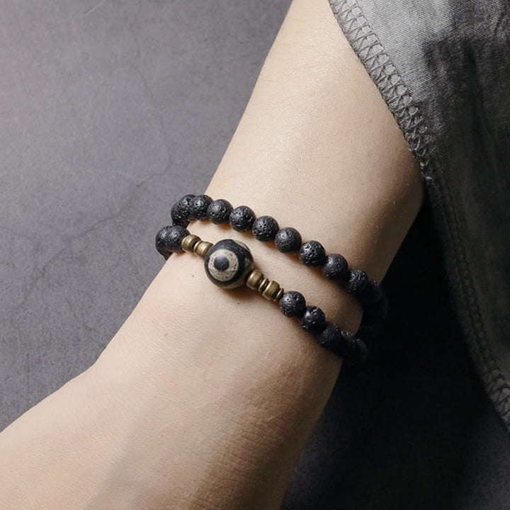 Buddha Stones Vintage Lava Rock Perline Dzi a tre occhi Perline in ottone e rame Braccialetto curativo a doppio giro