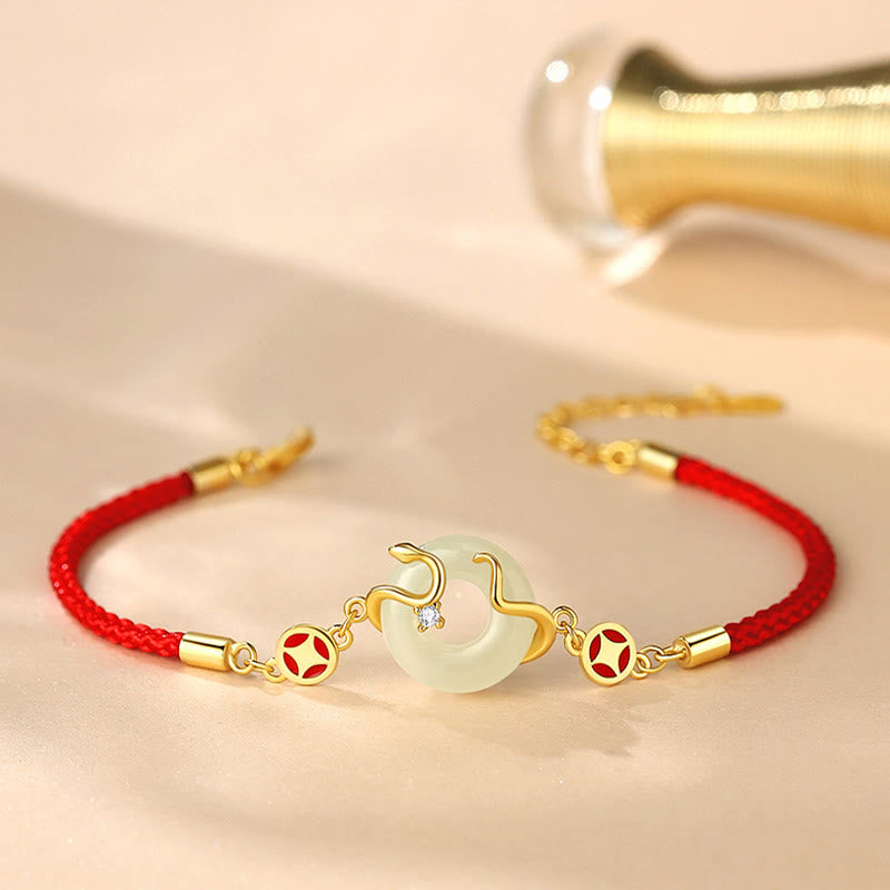 Buddha Stones Hetian Jade Calcedonio Fibbia della Pace Moneta 925 Sterling Argento Anno del Serpente Braccialetto della Prosperità con Corda Rossa