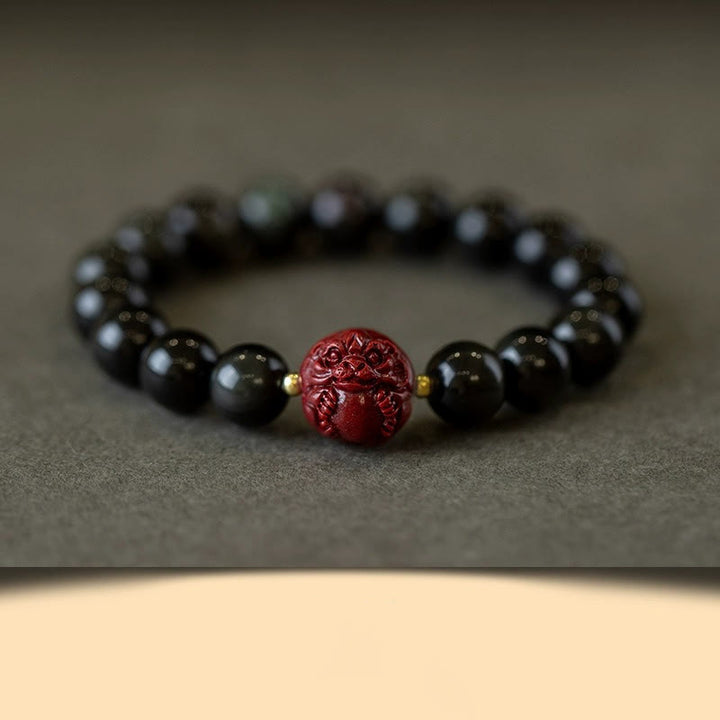 Braccialetto di purificazione naturale in ossidiana nera e cinabro dello zodiaco cinese Buddha Stones