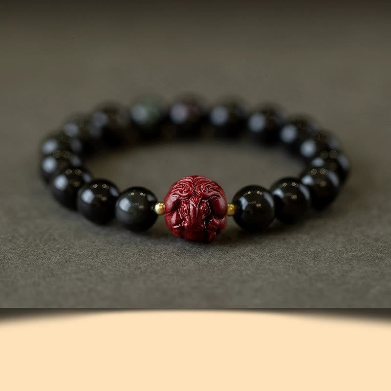 Braccialetto di purificazione naturale in ossidiana nera e cinabro dello zodiaco cinese Buddha Stones