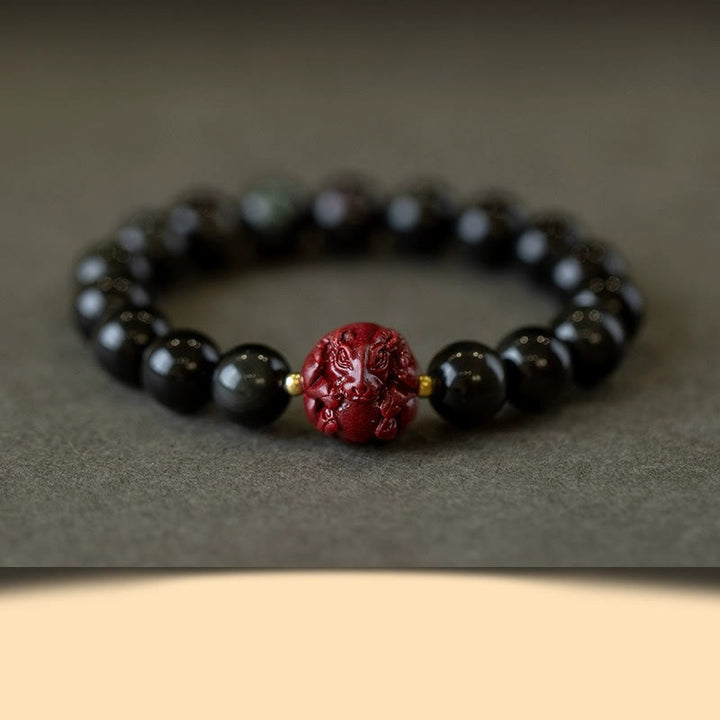 Braccialetto di purificazione naturale in ossidiana nera e cinabro dello zodiaco cinese Buddha Stones