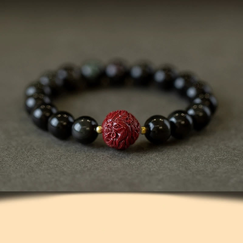 Braccialetto di purificazione naturale in ossidiana nera e cinabro dello zodiaco cinese Buddha Stones