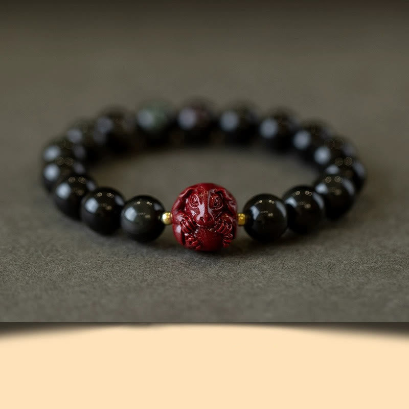 Braccialetto di purificazione naturale in ossidiana nera e cinabro dello zodiaco cinese Buddha Stones
