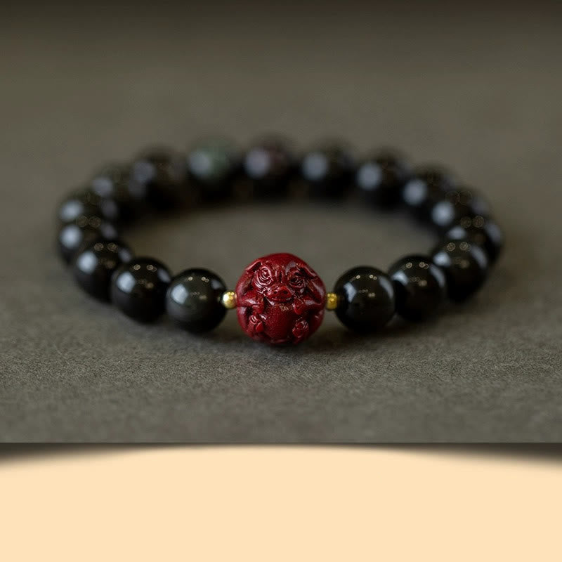 Braccialetto di purificazione naturale in ossidiana nera e cinabro dello zodiaco cinese Buddha Stones