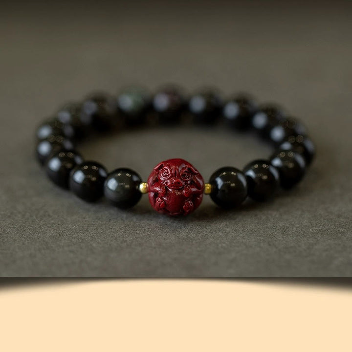 Braccialetto di purificazione naturale in ossidiana nera e cinabro dello zodiaco cinese Buddha Stones