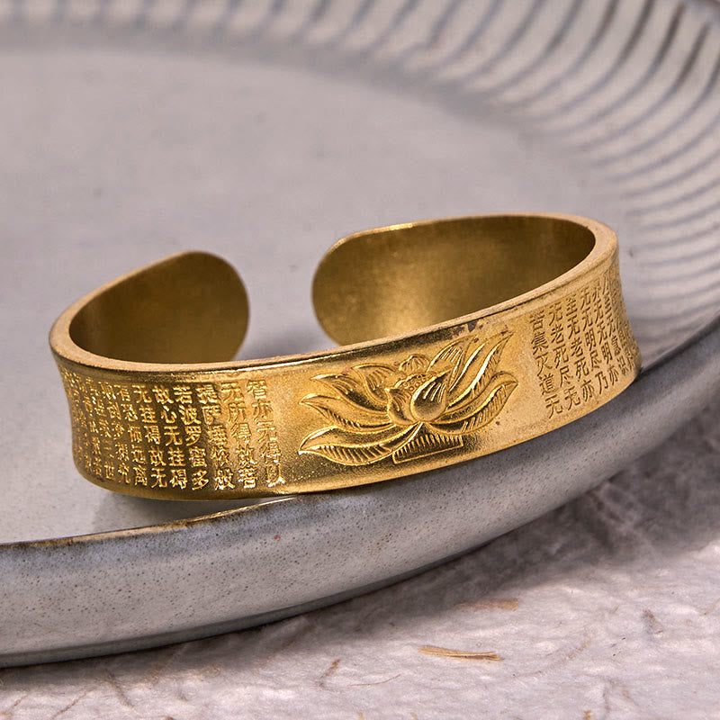 Bracciale rigido con polsino in ottone e rame con fiore di loto , Buddha Stones Heart Sutra Peace Cuff