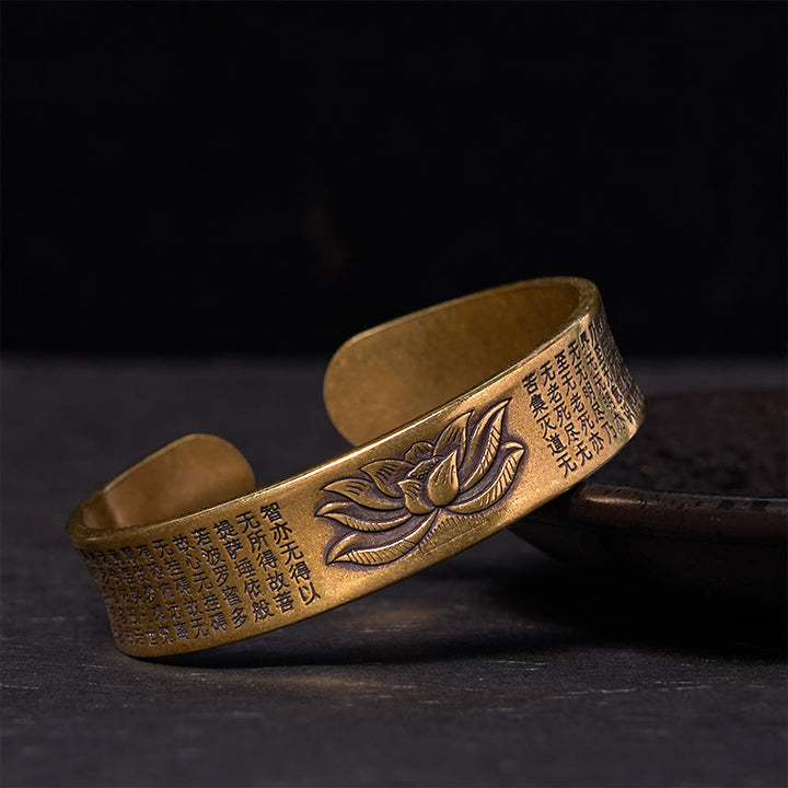 Bracciale rigido con polsino in ottone e rame con fiore di loto , Buddha Stones Heart Sutra Peace Cuff