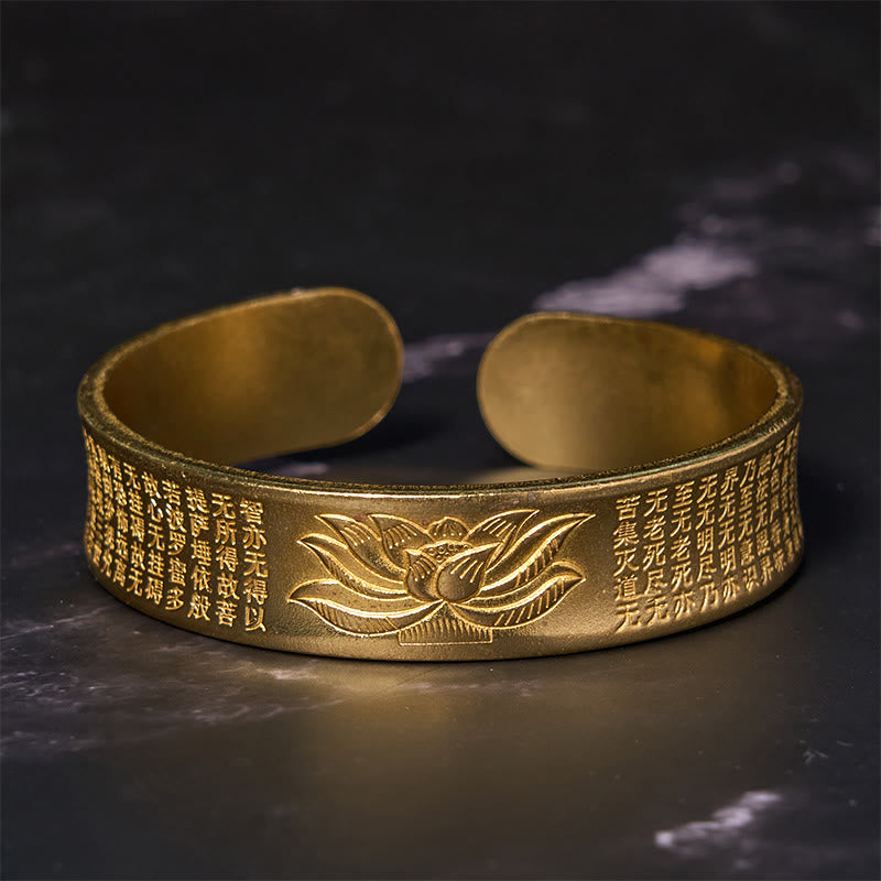 Bracciale rigido con polsino in ottone e rame con fiore di loto , Buddha Stones Heart Sutra Peace Cuff