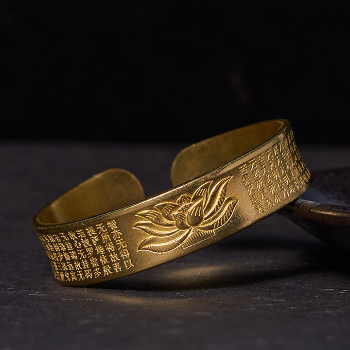 Bracciale rigido con polsino in ottone e rame con fiore di loto , Buddha Stones Heart Sutra Peace Cuff